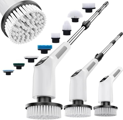 Cordless Electric Cleaning Brush, 8 in 1 Power Electric Spin Scrubber | 380/450RPM Electric Scrubbing Brush, Waterproof,8 Brush Heads, Extendable Long Handle for Bathroom, Kitchen, Floor, Tile, Car