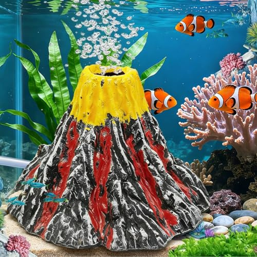 Oneroomone Aquarium Vulkan, Aquarium Deko, Ornament Mini Harz Vulkan,Blase | Dekor Realistischer Berg mit Luftstein-Blasen, Vulkan Ornament Harz Fischruhehaus (L x H: 3,74 x 2,36 Zoll)