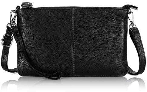 befen Echtleder Damen Umhängetasche Klein Clutch RFID-Blockierung Handtasche Damen Leder Crossbody Bag mit Reißverschluss und Schultergurt & Handgelenkband, Schwarz