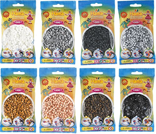 Happy Price Toys Hama Midi Bügelperlen (Kon-19) Konvulut 8 Farben (Weiß,Braun,Schwarz,Hellbraun,Grau,Hellgrau,Beige,Dunkelgrau) + Bügelanleitung mit 3 Design Vorlagen
