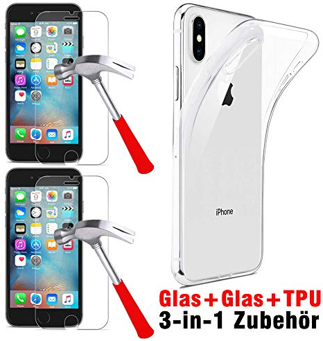 Panzerfolie und Schutzhülle Transparent für iPhone 5 / 5S, Zubehör-Set 3in1 [2x Panzerglas Folie, 1x Handyhülle Silikon Durchsichtig]