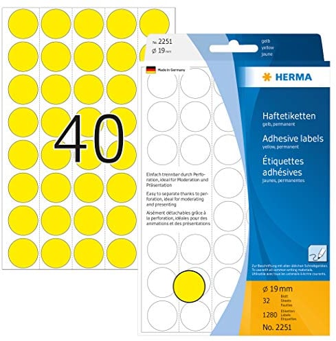 HERMA 2251 Punktaufkleber Klebepunkte perforiert gelb, 1280 Stück, Ø 19 mm, 40 pro Bogen, selbstklebend, Markierungspunkte für Kalender Planer, matt, blanko Papier Farbpunkte Aufkleber