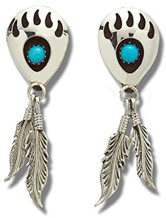 Indianerschmuck Ohrringe Türkis Bärentatze mit Federn Navajo Style Bear Paw Native USA
