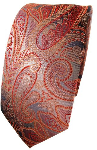 TigerTie - schmale Designer Seidenkrawatte in orange rot anthrazit grau Paisley gemustert