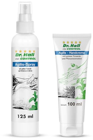 Dr. Hall Agilis-Spray, 125 ml + Agilis-Handcreme, 100 ml mit Kräuterextrakten für die Haut an Knie, Füße, Rücken, Nacken oder Schulter