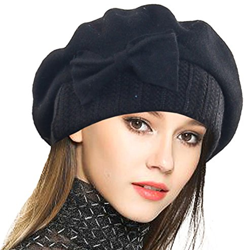 VECRY Frauen Barette 100% Wolle Baskenmütze Kleid Mütze Wintermütze (Schwarz)