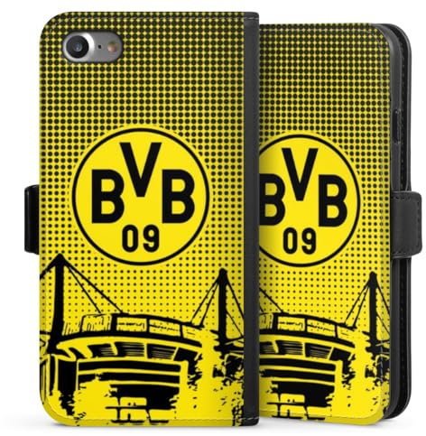 Klapphülle kompatibel mit Apple iPhone 7 Handyhülle aus Kunst Leder schwarz Flip Case Stadion BVB Borussia Dortmund