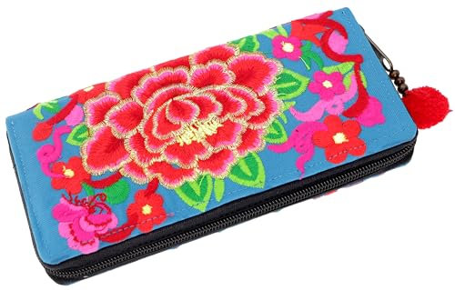 GURU SHOP Besticktes Ethno Portemonnaie Chiang Mai - Blau, Unisex - Erwachsene, Baumwolle, 10x20x3 cm