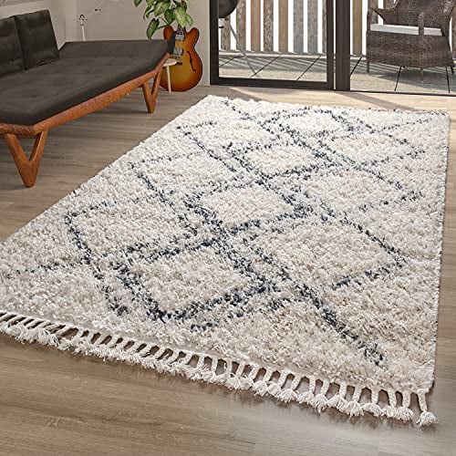 TT Home Teppich Rautenmuster Hochflor Shaggy Modern Wohnzimmer Karo In Creme Blau, Größe:200x290 cm