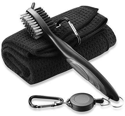 Pzihao Golf Club Brush and Microfiber Towel Kit with Carabiner Clip - Waffle Pattern Golf Cleaning Tool Set
