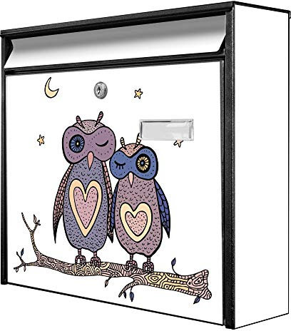banjado® Burg-Wächter® Briefkasten mit Motiv Verliebte Eulen/Briefkasten ohne Zeitungsfach 32x36x10 cm groß/Briefkasten mit Namensschild A4 Einwurf inkl. Montagematerial & 2 Schlüsseln