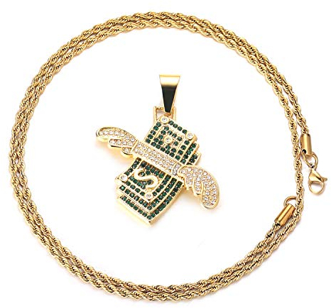 HALUKAKAH Catena d'oro per Uomo,Placcato Oro Reale 18k Collana con Ciondolo in Dollari con Ali d'Angelo Cz Pieno Diamanti da Laboratorio con Catena in Corda 60cm Confezione Regalo Gratuita