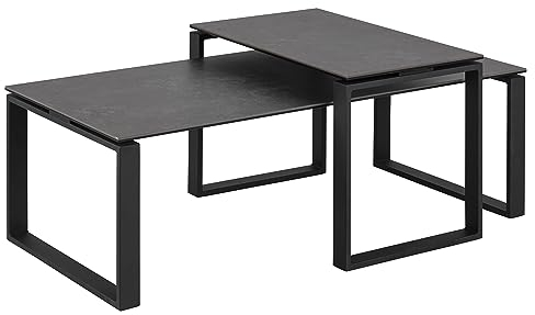 AC Design Furniture Jannis Tischset in Schwarz mit Keramik-Tischplatte und Schwarzen Metall-Kufen, 2-teiliger Beistelltisch, Rechteckig, Modernes Design, B: 115/69 x H: 45/37,5 x T: 55/40 cm