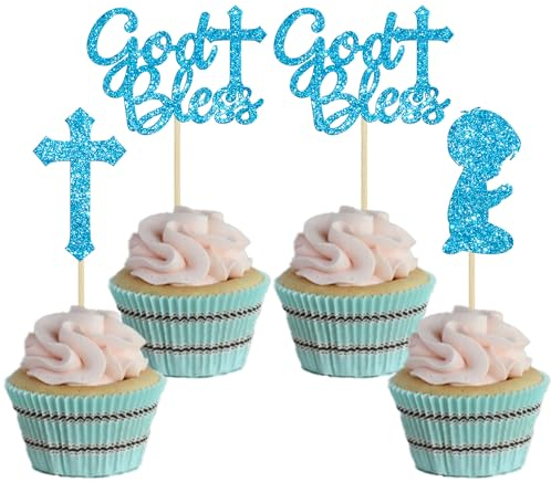 Gyufise 24Pcs Blue Glitter Boy God Bless and Baptism Cupcake Toppers Cross Babyshower Cupcake Picks Christian Party Decoration Supplies