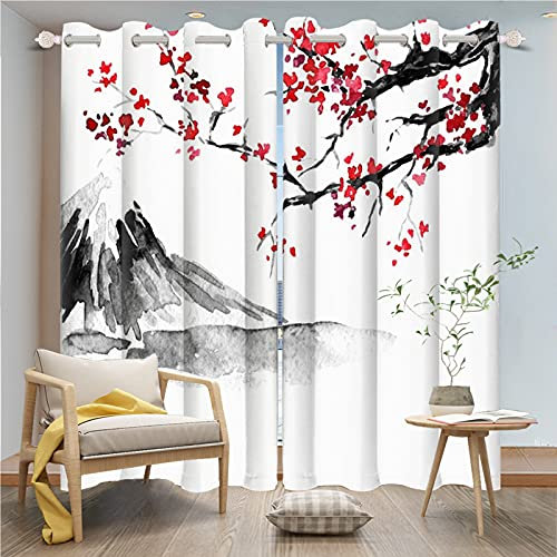 DORCEV Fenstervorhänge, Motiv: rote Pflaumenblüten, orientalisch, asiatisch, traditionell, Tinte, klassische Kunst, natürlich, kreative Vorhänge, Dekoration, 107 x 213 cm, 2 Vorhänge