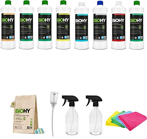 BIOHY Reinigungsmittel Kombi Set mit Dosierer, All-in-One Tabs, 2X 500 ml Glas Sprühflasche, 4 Mikrofasertücher (8 x 1 L) | für alle Anwendungsbereiche | kraftvoll & effizient