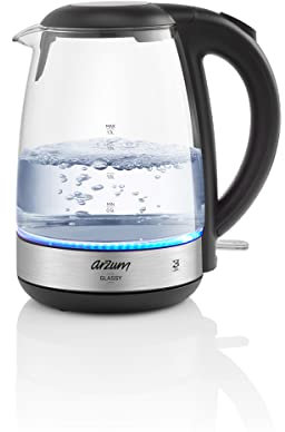 Arzum 1.7L Glassy Electric Kettle – 2200W, Cordless, LED Illumination, Auto Shut-Off, Boil-Dry Protection, Limescale Filter, 360° Base, Warranty Included – Blue Light