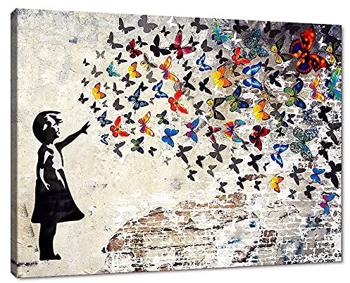 Graffiti-Straßen-Wandkunst, Banksy-Gemälde, Kunstwerk, groß, gerahmt, Graffiti-Mädchen mit Schmetterling, Wanddekoration, Leinwanddrucke, Straßen-Graffiti-Bild für Kinderzimmer, Schlafzimmer, fertig