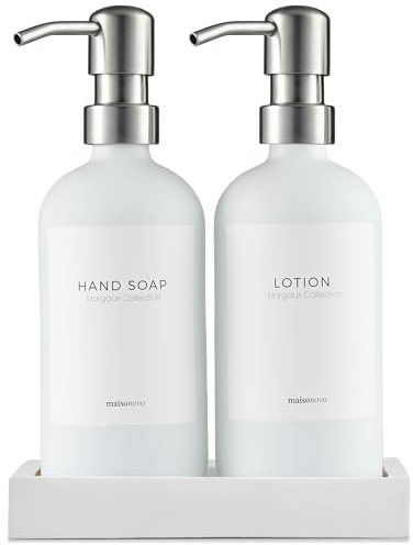 MaisoNovo Seifenspender Bad - Seifenspender Küche - Seifen- und Lotionspender-Set – 500 ml, weißes Handseifenspenderglas mit silberner Pumpe, 2er-Set und Betontablett - Spülmittelspender Küche