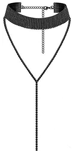 JewelryWe Schmuck Frauen Damen Multi Reihen Strass Choker Halskette Pullover Lange Kette mit Anhänger Halsband, Farben: schwarz