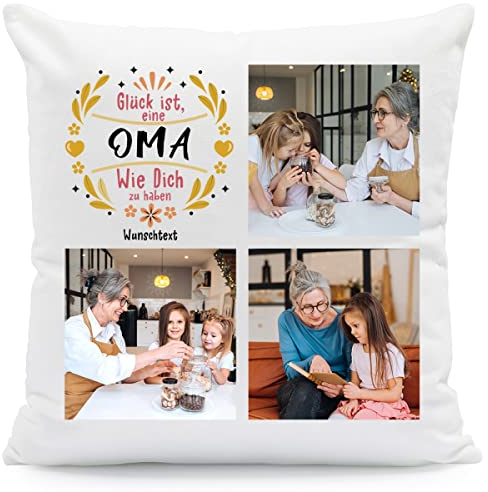 GRAVURZEILE Bedrucktes Kissen mit Motiv - Glück ist eine Oma wie Dich zu haben - Personalisiert mit eigenem Foto & Text - Geschenk zum Muttertag für Oma - Farbe: Oma - Größe: Mit Füllung