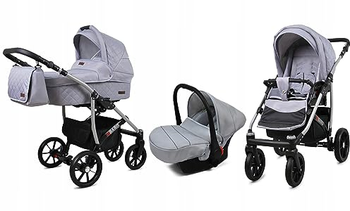 BabyLux® Kinderwagen Set 3 in 1 - Qbaro - incl. Babywanne, Buggy Sportsitz, Auto-Babyschale - Autositz - Kinderwagenset - Kombikinderwagen mit Wickeltasche, Regenschutz usw.
