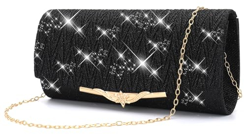 Pardofelis Abendtasche Damen Clutches, Clutch Schwarz Glitzer Satin, Abendkleid Clutch Bag mit Abnehmbarer Kette Cross Body Bag, Elegante Kristall Diamant Abendtasche für Hochzeit Prom Party (Schwarz)