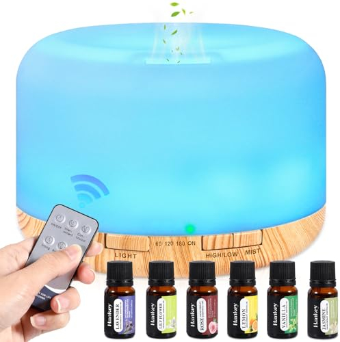 AQXONG 500ML Difusor Aceites Esenciales, Humidificador de Aromas con 6x10ml Aceites Esenciales, Difusor Ultrasónico con Mando a Distancia para Sala de Estar Dormitorio Yoga Oficina - 7 Colores LED