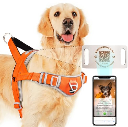 ADVENTUREMORE Hundegeschirr gegen Ziehen, mit QR-Code, Hundemarke, verstellbar, reflektierend, atmungsaktiv, ausbruchsicher, mit einfacher Kontrolle, Frontclip-Griff für Training, Spazierengehen, XL,