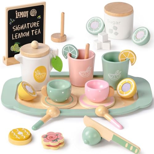 Atoylink Wooden Lemon Tea Set for Toddlers Play Kitchen Toy Kitchen Accessories with Blackboard Pretend Lemonade Kids Tea Sets Afternoon Tea Party Toys Gifts for Kids Children Girls 3 4 5 6 Year