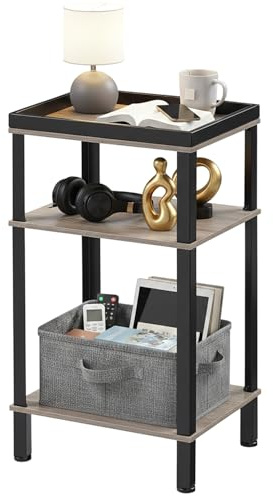 ZEXVIDA Beistelltisch Rechteckig Schmal, 3 Ebenen Nachttisch Industrial Design, Kleiner Couchtisch mit Tablett, Hoher Telefontisch für Nischen & Sofa, Holzoptik Eiche & Metall Schwarz
