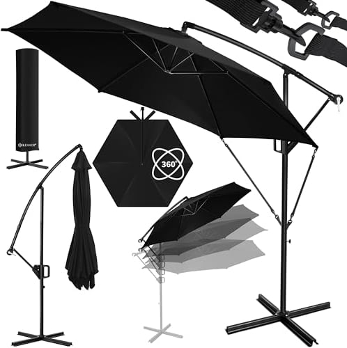 KESSER® Parasol déporté en aluminium + housse de 350 cm de diamètre et manivelle avec support - Protection UV - Toile imperméable à 360 ° - Parasol de jardin - Parasol de marché - Noir