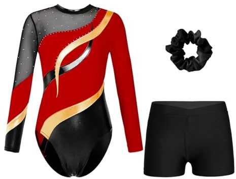Oyolan Mädchen Kinder Gymnastikanzug Turnanzug Glitzernde Gymnastikbody Langarm Turntrikot mit Kurze Hose Tanzkostüm Rot schwarz B 146-152