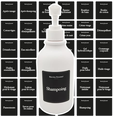 Persönliche Wellness-Etiketten, schwarz, französisch, wasserdicht und waschbar, selbstklebend, für Badezimmer, Aufbewahrung, Shampoo, Duschgel