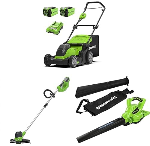 Greenworks 40V Tagliaerba a Batteria Ampiezza di Taglio 41cm con 2x 2Ah Batterie e Caricabatterie G40LM41K2X Bonus 40V Tagliabordi a Batteria Solo Macchina G40LT & Aspiratore Soffiatore GD40BV