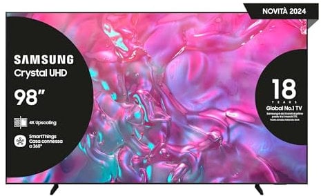 Samsung Smart TV 98 UE98DU9070UXZT, Crystal UHD 4K, Motion Xcelerator 120Hz, Airslim Design, DVBT-2, Q-Symphony & Adaptive Sound, Integrato con Bixby, comp con Alexa e Google Assistant, Black 2024