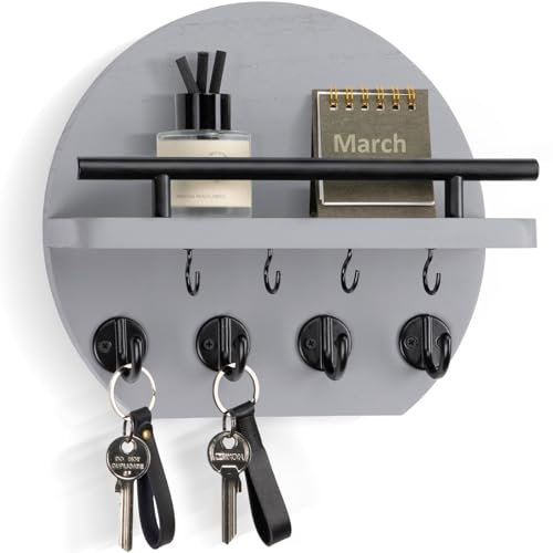Nekon Key Holder for Wall - 9.8 Inch Apartment Wall Decor with Shelf and 8 Key Hooks, Circular Wood Key Hanger for Home Decor (Gray)