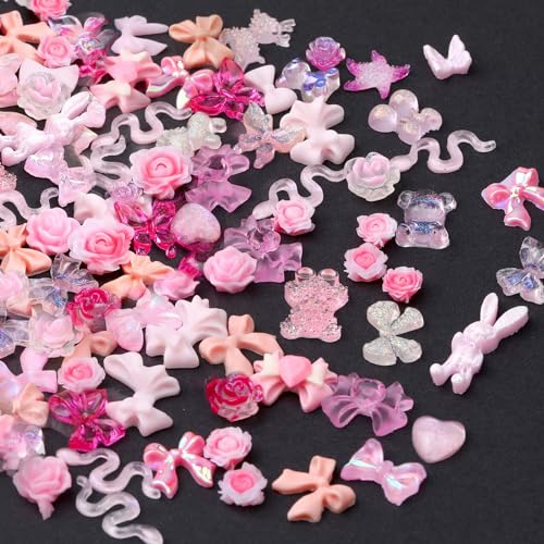 Bewudy 100 Stück Verschiedene Nail Art Dekoration, Multi Shapes 3D Nagel Charms, Blume Bär Seestern Mond Schlange Gänseblümchen Herz Nail Charms für Nägel DIY Handyhülle Deko Nageldekoration(Rosa)