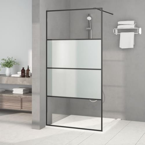 Gecheer Mamparas de Ducha Pantalla,Mampara Ducha Fija de ESG,Mampara de Ducha Frontal Panel Fijo Estilo Industrial semiesmerilado Negro 100x195 cm