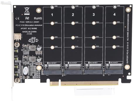 KIMISS Hochgeschwindigkeits-4-Port-M.2-NVME-SSD-auf-PCIE-X16-Adapter, Soft-Karte mit Individuellen LED-Anzeigen für Computer, PCIE-X16-Erweiterungskarte, die PCIE 3.0 und 4.0