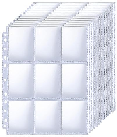 Hikrxya 900 Pockets Trading Card Covers Transparent, 50 Sheets Double Side 9-Pocket Blank Scrapbook Game Card Folders Card Sleeves Bags Trading Cards Films for A4 Ring Binder, Sports Football Cards