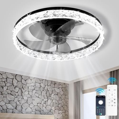 Finktonglan Ventilatore da Soffitto con Luce LED, 50 cm, 6 Velocità, Motore Reversibile, CCT 3000–6500K Dimmerabile, Telecomando/APP, Profilo Basso, per Camera e Soggiorno, Nero