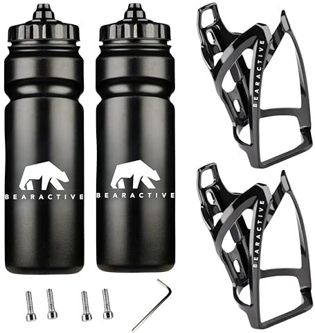 Bearactive 2 Pack Bike Bottle Holder with UK Made 750ml Bike Bottle - BPA Free Leak Proof Cycling Water Bottle with Valve Lid - Lightweight Bottle Cages with Screws for Road & Mountain Bikes