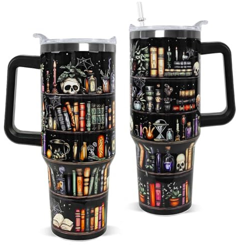 Nqhsionv Book Lovers Gifts 40oz Book Lover Tumbler with Handle Halloween Goth Skull Bookshelf Coffee Travel Mugs Insulated Cup Gifts for Women Readers,Reading,Bookish,Librarian,Books Accessories