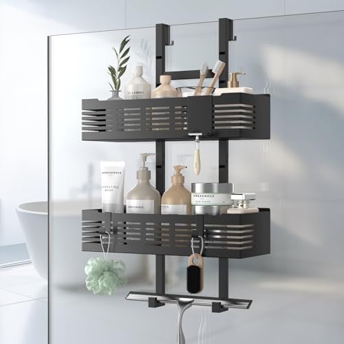 AIGOCITY Étagère de douche à suspendre, sans perçage, noire, pour portes de douche en verre, design réglable en hauteur avec 3 crochets pour ranger le shampooing et le gel douche dans la salle de bain