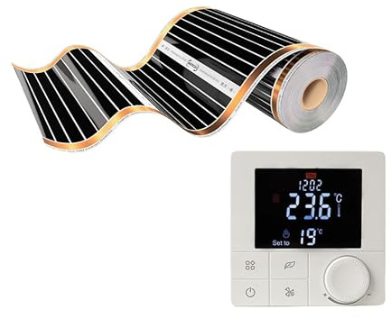 Warmcoin Infrarot-Heizfolie 15 m², 220 W/m², 100 cm, mit W40 WIFI | Warmes Bodenkomfort-Set: Heizfolie für Laminat & Parkett, 0,338 mm dünn, alle 25 cm zuschneidbar; W40 WIFI per App steuerbar.