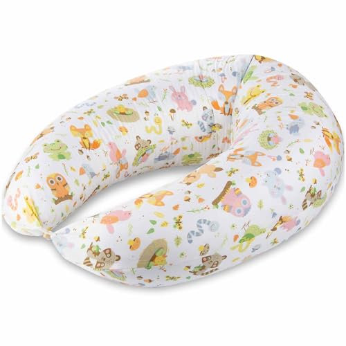 SMOOTHY® Stillkissen Schwangerschaftskissen XXL Premium Seitenschläfer-Kissen; Baumwoll-Bezug Schlafkissen & Lagerungs-Kissen für Mutter (Bunt Tiere, Bezug)