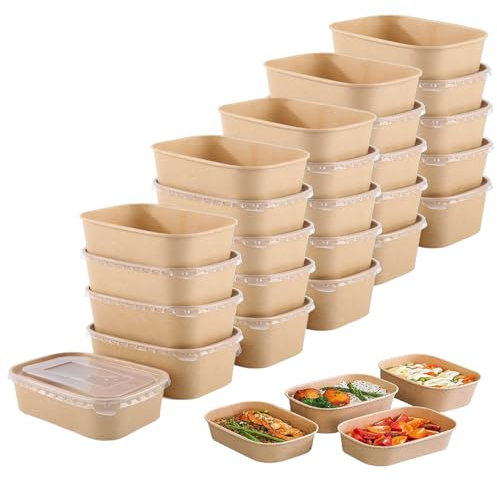 25 Stück Kraftpapier Schale, Take Away Kraftpapier Box, Essen Verpackung Einweg, Mehrweg Schüsseln, Pappschüsseln， Wasserdicht, Ölbeständig, Zum Mitnehmen, Arbeitsessen, Reisen (Mit Deckel, 500ml)
