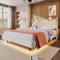 FEZTOY Polsterbett 140x200cm, LED Kopfteil mit USB Ladefunktion und höhenverstellbar Höhe, Doppelbett invl-Lattenrost, Stauraumbett Funktionsbetten Bettgestell, ohne Matratze (Beige G, 140x200)