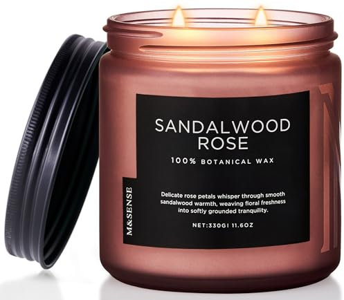 M&SENSE Sandelholz Rose Duftkerze (330g, 70h) – 2-Docht Intensive Holznote – Natürliche Sojawachs-Kerze – Langanhaltend für Zuhause – Geschenk für Männer & Frauen